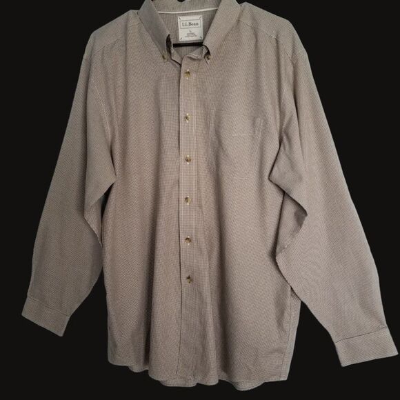 LL Bean Mens Large Dress Shirt Long Sleeve Button Checked Brown White Cotton - Picture 1 of 7